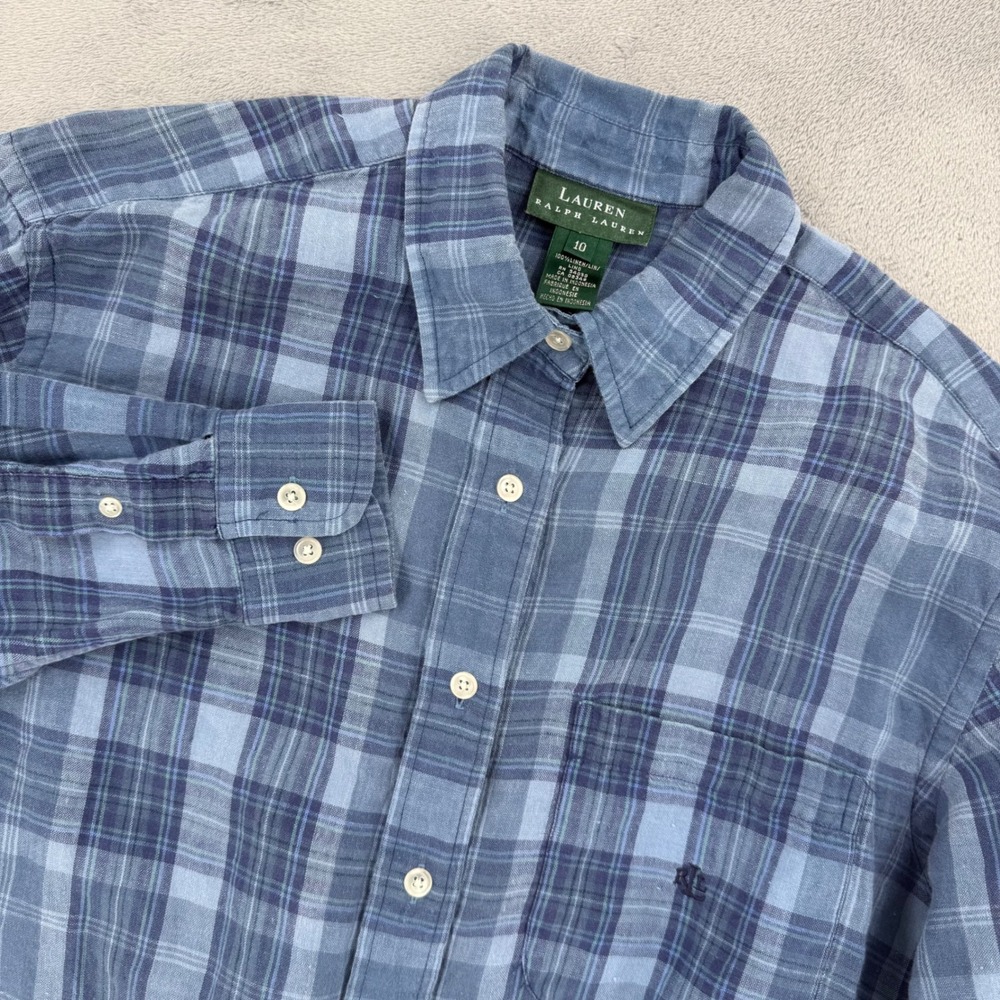 Lauren Ralph Lauren Button Down Shirt Womens Size 10 Blue Plaid Linen Silk